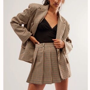 NWT Moon River Free People Plaid Tailored Oversized Blazer - Beige Multi